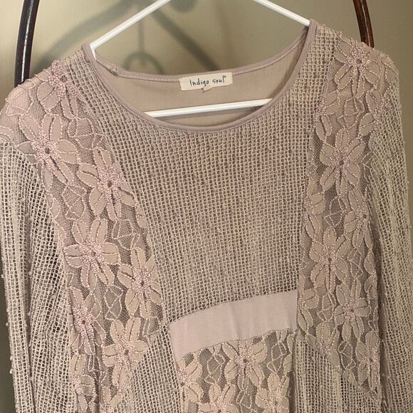 Crocheted Khaki Lace  Overlay Top - Picture 3 of 6